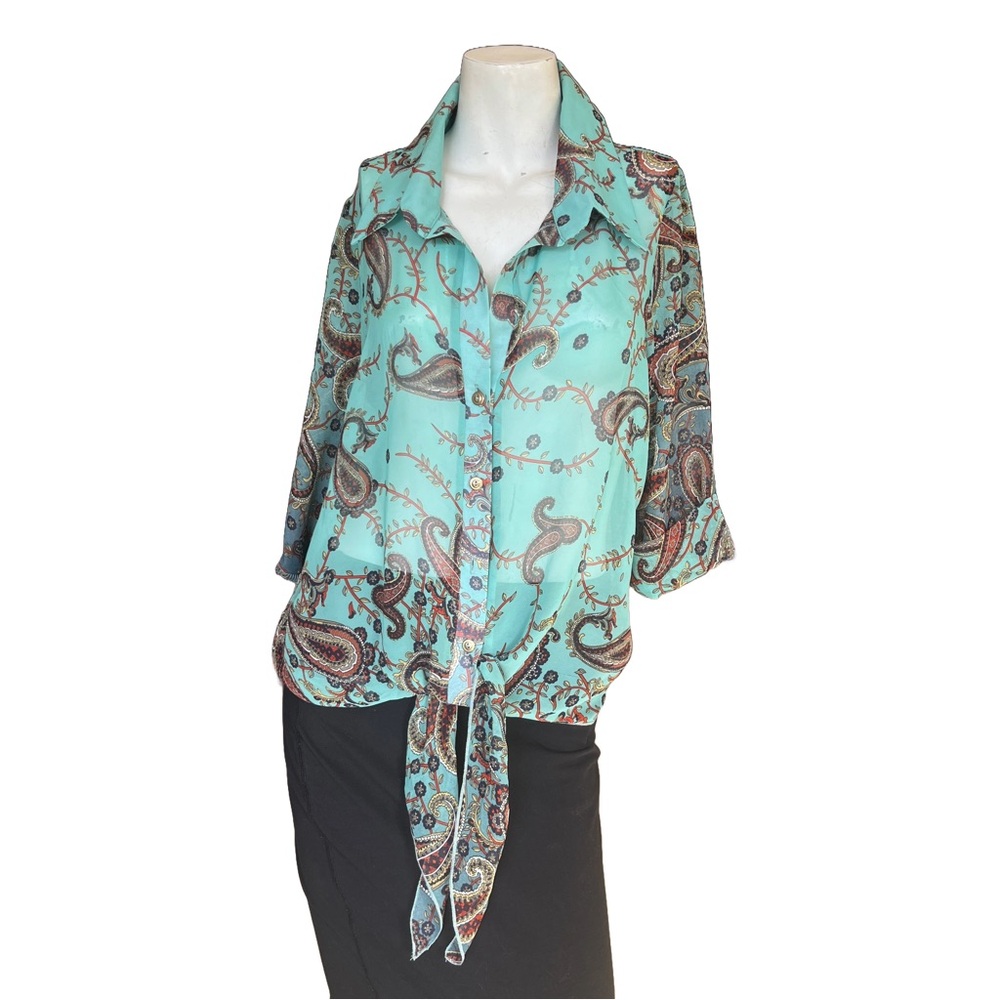 Turquoise Sheer Paisley Button-Up Blouse - Body Central Size Large